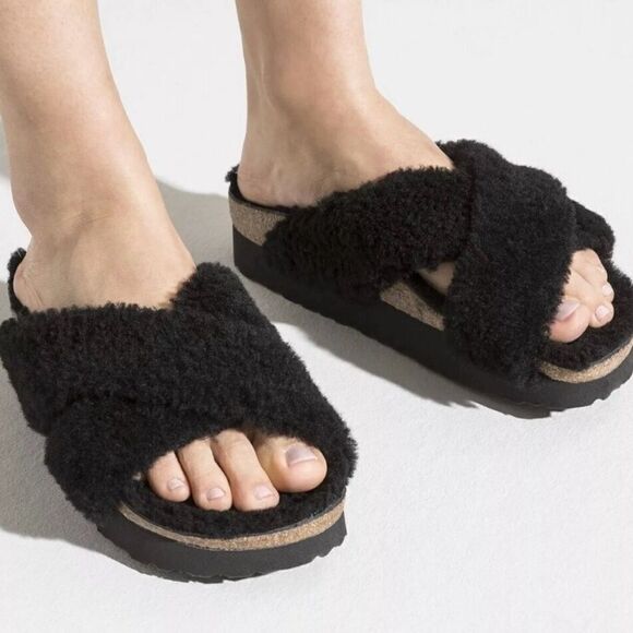 NWT Birkenstock Papillio Daytona Shearling Teddy Platform Sandals Black Size 37